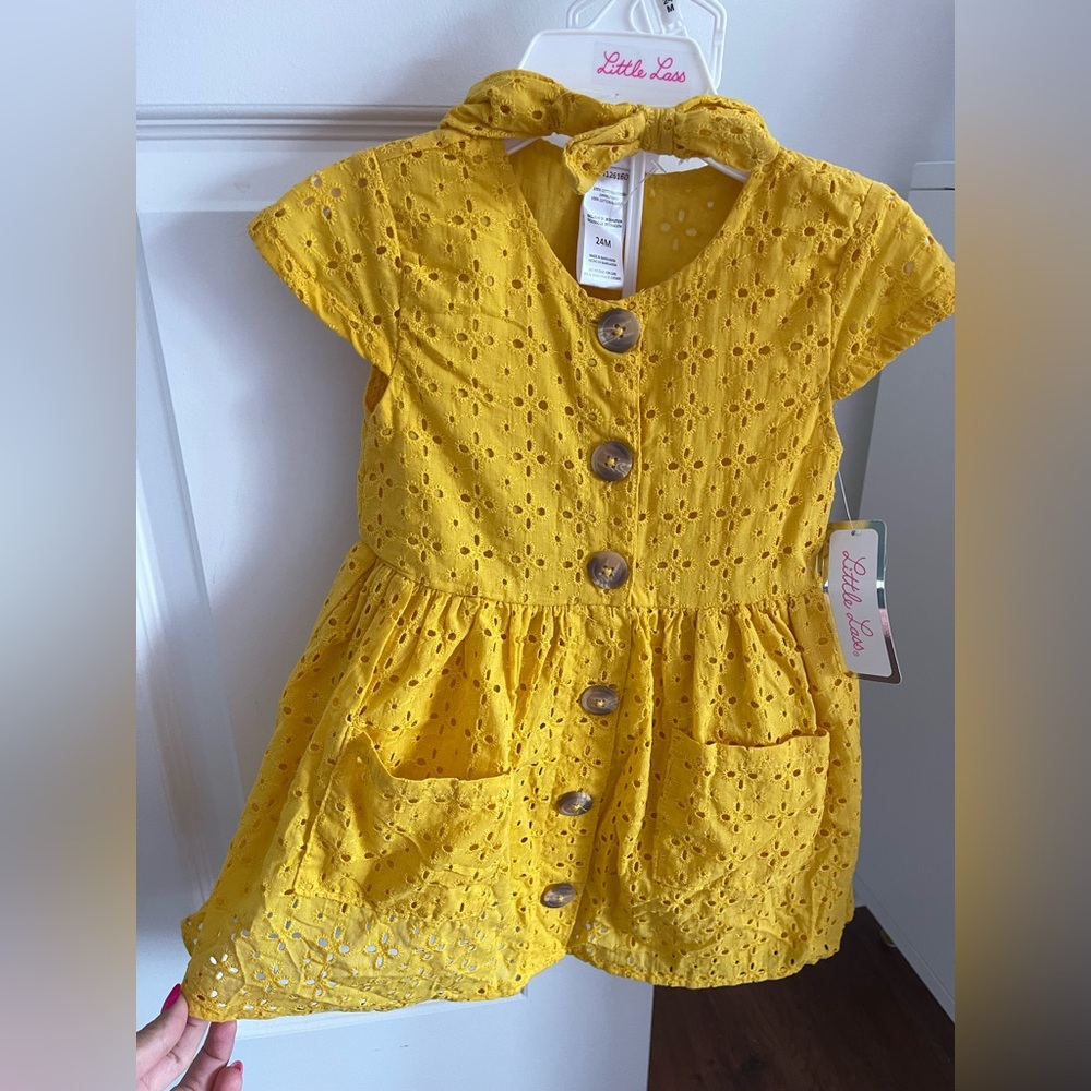Yellow Eyelet Kids Dress with matching headband & diaper cover